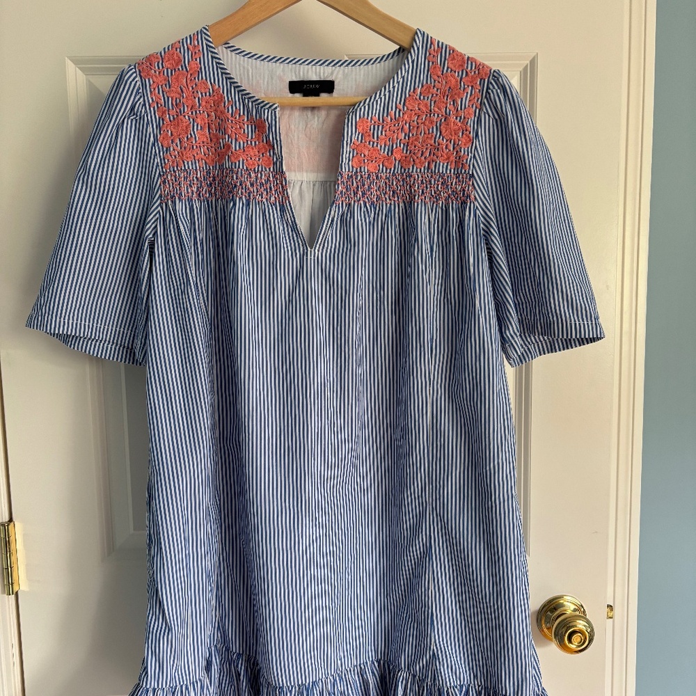J.Crew blue/white striped dress with pink embroidery
